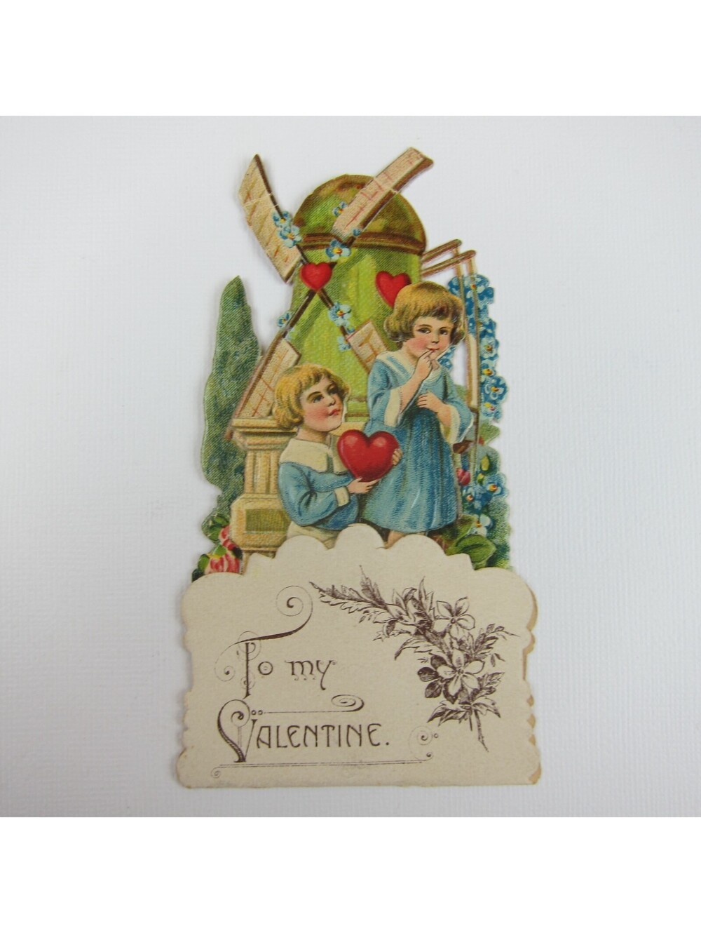 Vintage Valentine 3D Pop Up Die Cut Blonde Boy & Girl Blue Dress Green Windmill